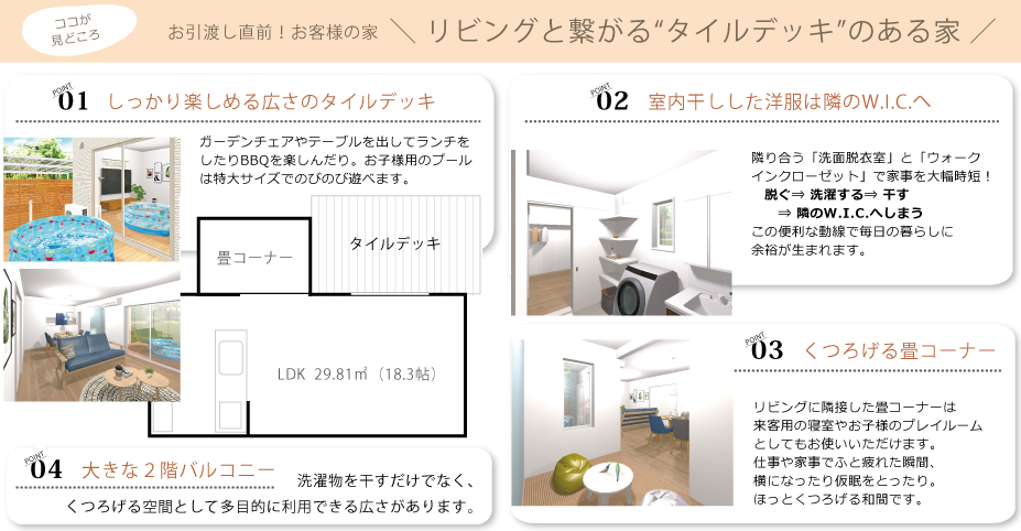 ココが見どころ、お引渡し直前!お客様の家、\ リビングと繋がる“タイルデッキ”のある家 /
"しっかり楽しめる広さのタイルデッキ、ガーデンチェアやテーブルを出してランチを
したりBBQを楽しんだり。お子様用のプール
は特大サイズでのびのび遊べます。"
"室内干しした洋服は隣のW.I.C.へ、隣り合う「洗面脱衣室」と「ウォーク
インクローゼット」で家事を大幅時短!
脱ぐ⇒ 洗濯する⇒ 干す
⇒ 隣のW.I.C.へしまう
この便利な動線で毎日の暮らしに
余裕が生まれます。"
"くつろげる畳コーナー、リビングに隣接した畳コーナーは
来客用の寝室やお子様のプレイルーム
としてもお使いいただけます。
仕事や家事でふと疲れた瞬間
横になったり仮眠をとったり、ほっと
くつろげる和空間です。"
"大きな2階バルコニー、洗濯物を干すだけでなく、
くつろげる空間として多目的に利用できる広さがあります。"